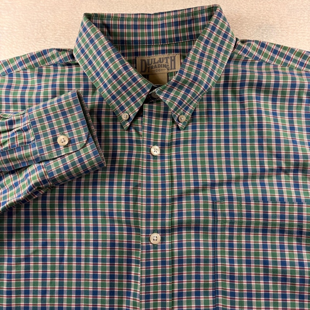 Duluth Trading Co Mens XL Long Sleeve Plaid Button Down Shirt Green Blue Cotton